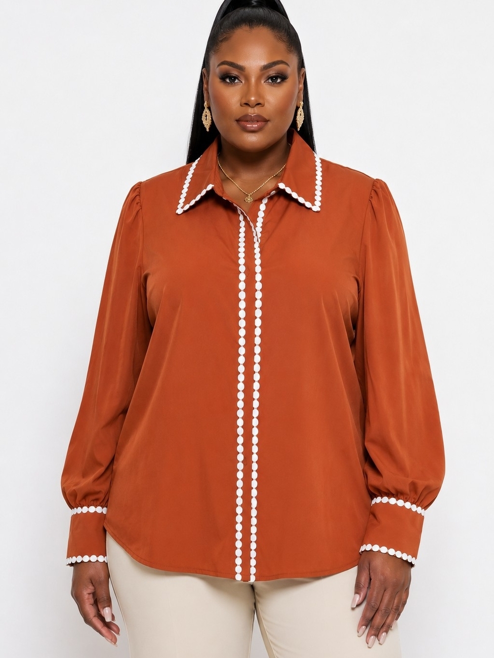 PrettyGarden Rust Orange Blouse Women’s XXL Button Front Long Sleeve Top